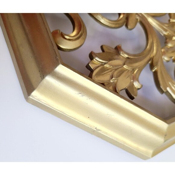 Vtg MCM Syroco Gold Octagonal Wall Art Plaques Decor Set Of 2 Floral Vase Design - Picture 5 of 14